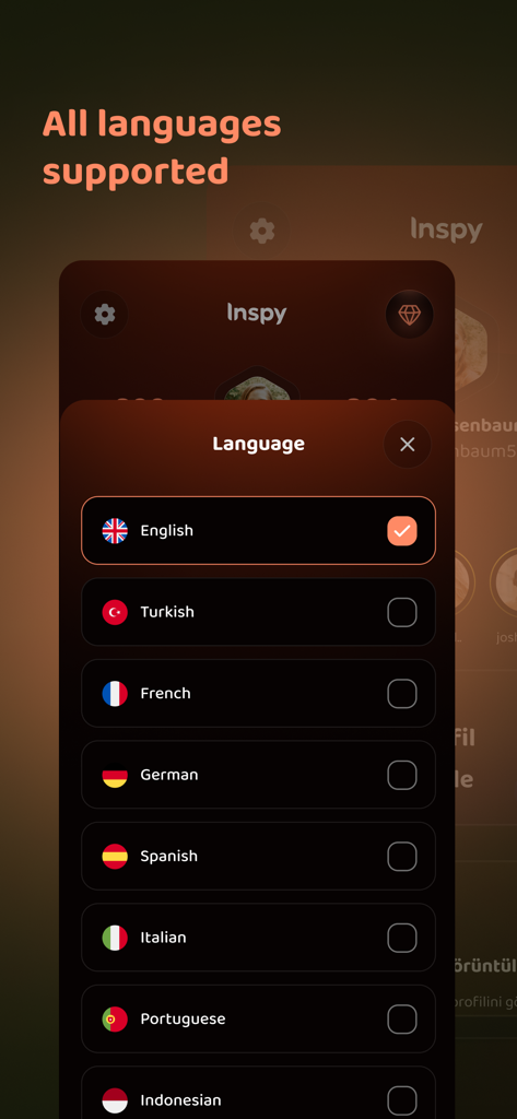Language settings menu in Reports by InSpy showing supported languages like English and Spanish