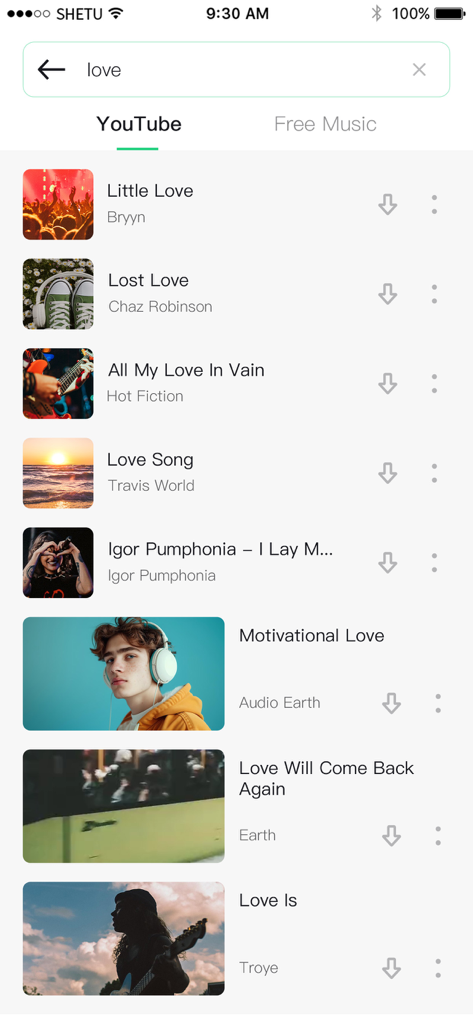 Pantalla de resultados de búsqueda en la aplicación Mp3 Player Offline que muestra una lista de canciones y artistas con opciones de descarga.