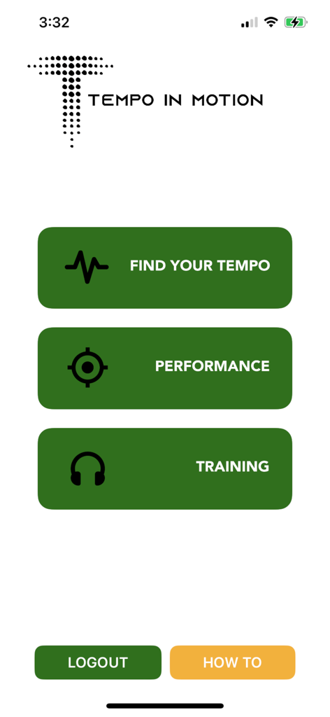 Main dashboard of the Tempo In Motion app showing options for Find Your Tempo Performance and Training