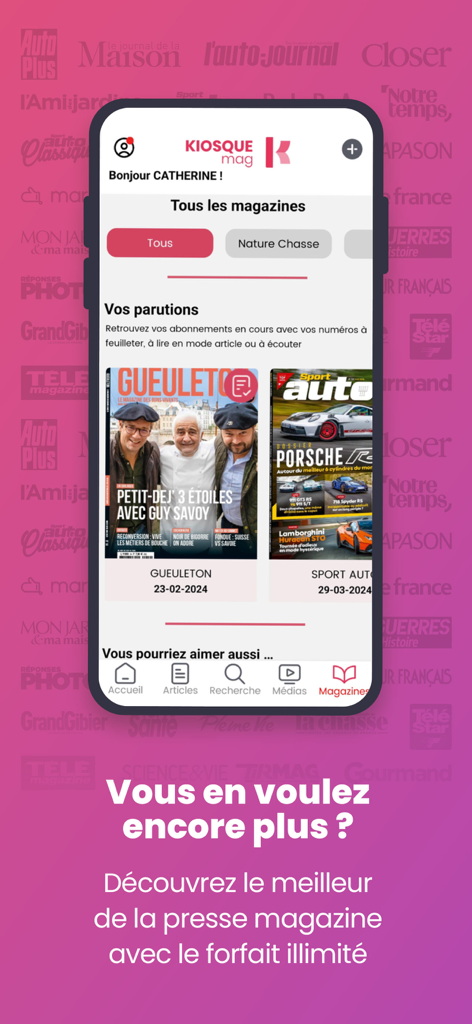 Kiosque Mag - Interface de l'application mobile Kiosque Mag affichant les couvertures du magazine numérique et les options d'abonnement