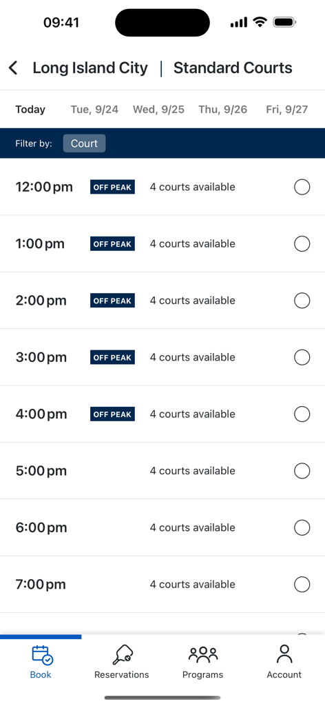 Gotham Pickleball app interface displaying hourly court availability and off-peak booking times