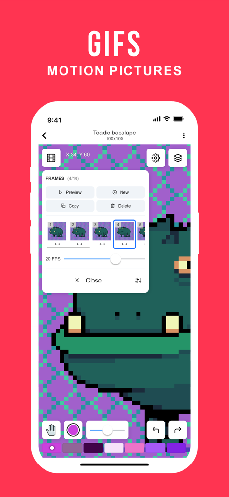 Pixilart - Pixilart mobile app interface for creating frame by frame pixel art animations and GIFs