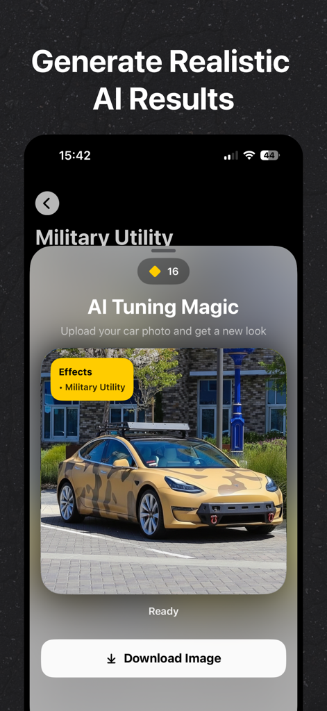 AI Car Designer & Customizer - Aperçu de voiture généré par IA avec un wrap camouflage utilitaire militaire.