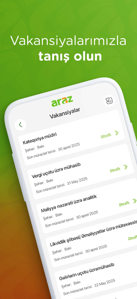 Araz Supermarket - Araz Supermarket app interface showing current job listings and vacancies