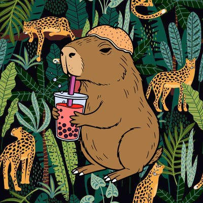 a capybar in an orange on his head, drinking bubble tea