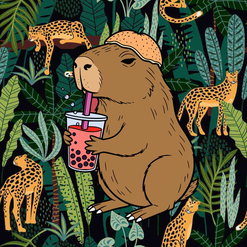 a capybar in an orange on his head, drinking bubble tea