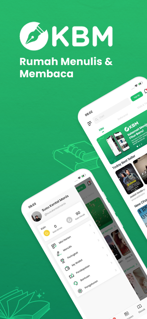 KBM App interface showing Indonesian book covers and writer community profile options