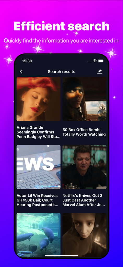 Gimme - Interface of the Gimme app showing search results for global entertainment and news