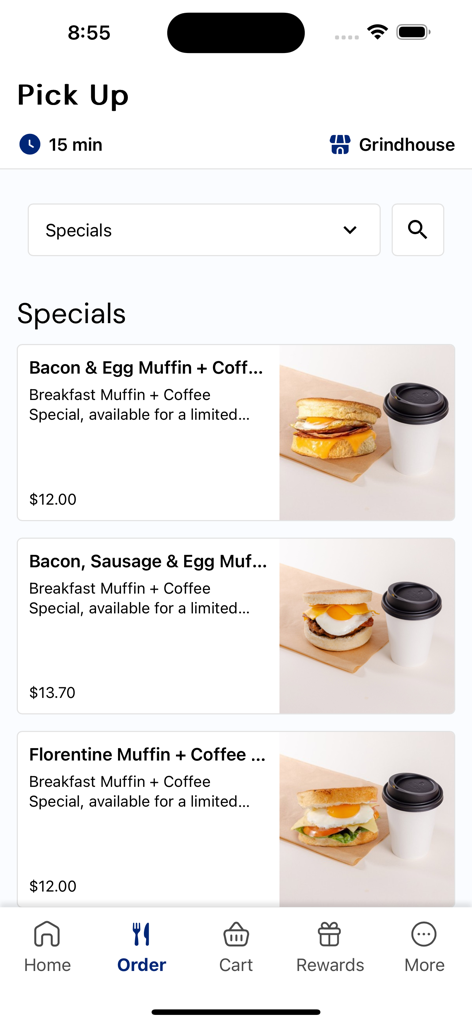 City Campus Food - Pantalla de la aplicación móvil City Campus Food que muestra ofertas de muffins y café de desayuno para recoger en Grindhouse