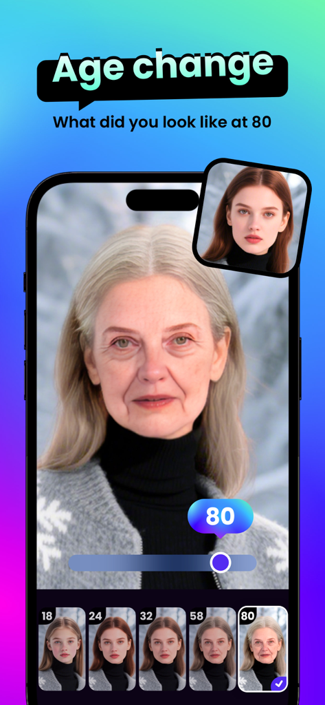 SnapMe app interface demonstrating an AI age change filter that predicts what a user looks like at age 80