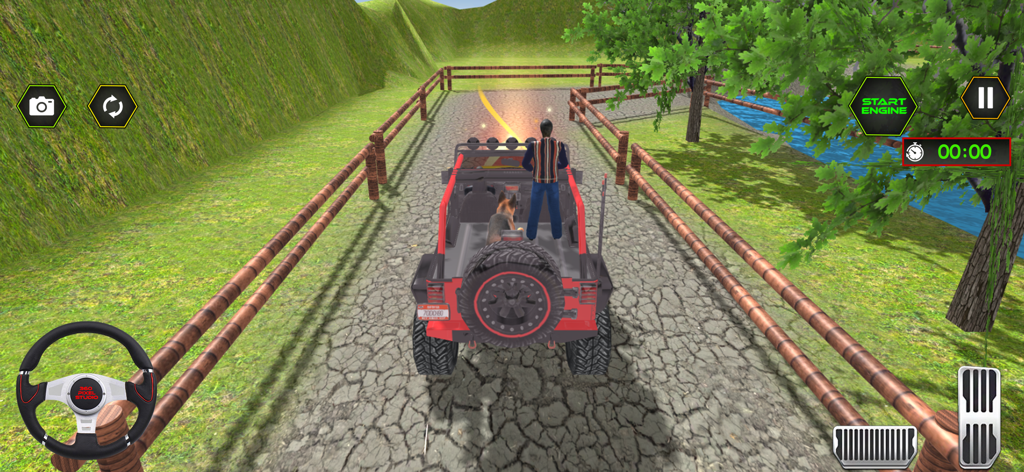 Jeep Driving Simulator 3D Game - A red jeep driving on a rugged trail with mountain scenery in the Jeep Driving Simulator 3D game