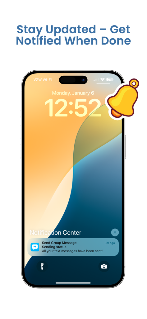 Group Text | Mass Message - iPhone lock screen showing a notification confirming that all group text messages have been successfully sent