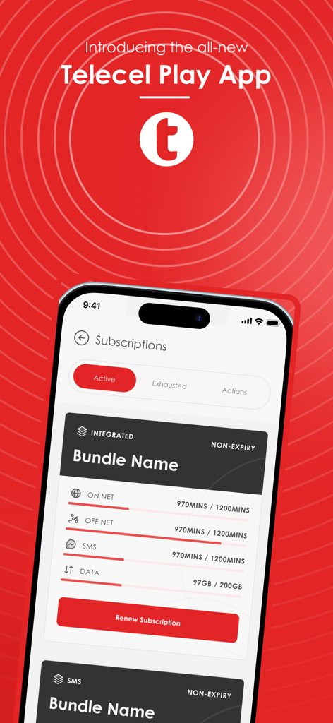 Telecel Play (Ghana) - Telecel Play Ghana mobile app screen showing active subscriptions and data usage tracking
