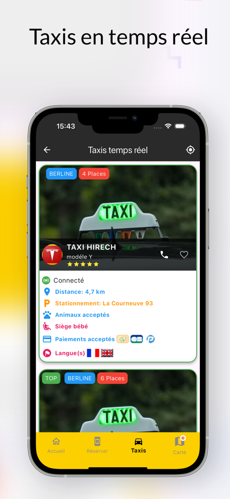 Taxi Proxi : Commander course - Taxi Proxi mobile app screen showing real time taxi booking details including driver rating and vehicle features