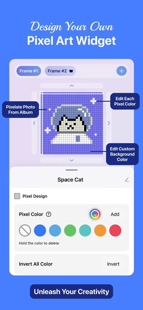 Lively Widget - 5000+ Designs - Interface do usuário do aplicativo Lively Widget mostrando uma ferramenta para projetar widgets personalizados de pixel art