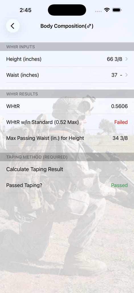 Fitness Calc for Marines - A mobile screen showing Marine Corps body composition results for waist to height ratio and taping methods