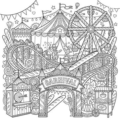 Step right up to a uniquely whimsical carnival where delicious baguettes form a wild rollercoaster! This intricate coloring page, designed for teens, is packed with exciting circus acts, fairground rides, and charming details waiting for your artistic touch.