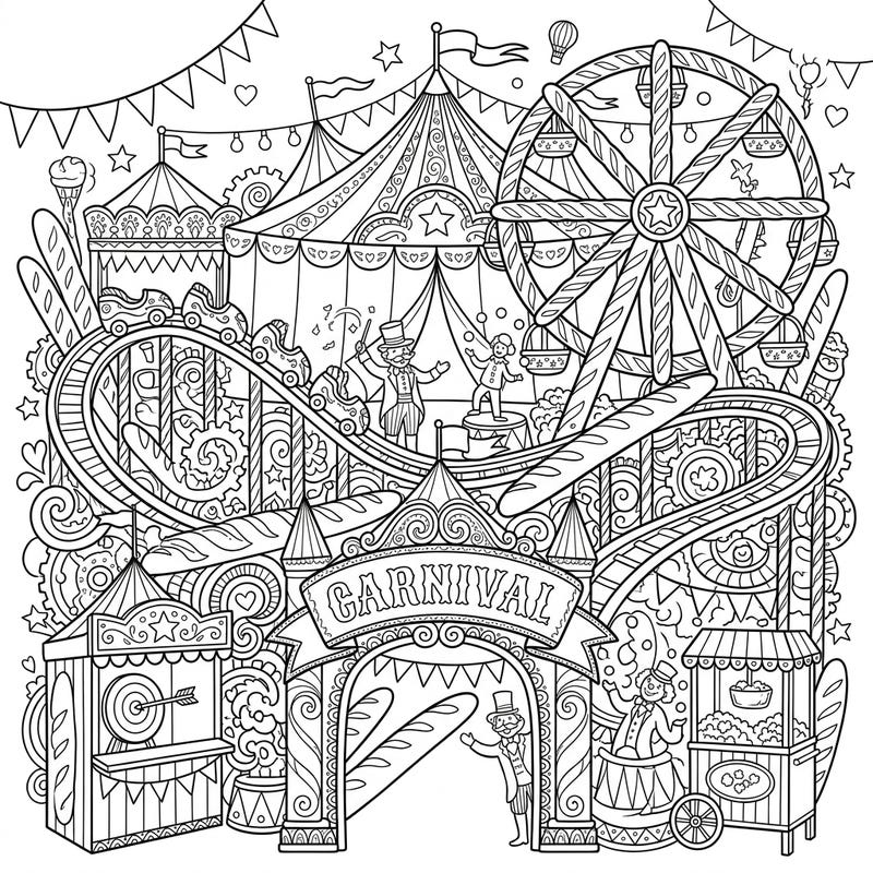 Step right up to a uniquely whimsical carnival where delicious baguettes form a wild rollercoaster! This intricate coloring page, designed for teens, is packed with exciting circus acts, fairground rides, and charming details waiting for your artistic touch.