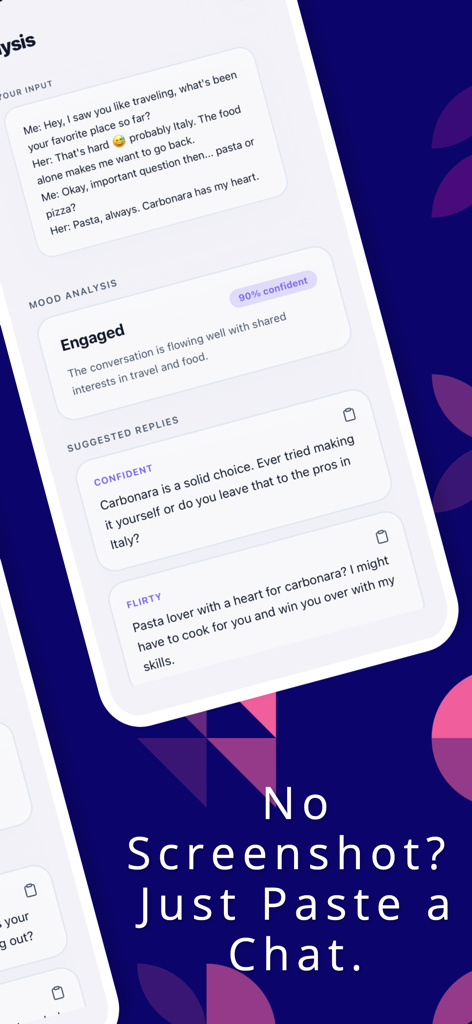 Wingman AI: ChatWing - Interface do Wingman AI mostrando análise de humor e sugestões de respostas de namoro.