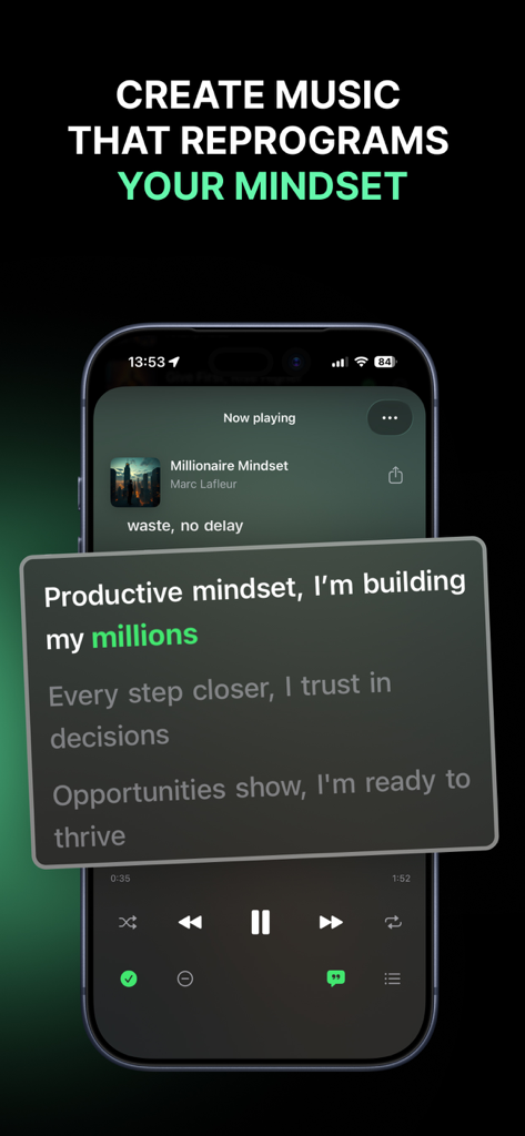 Innertune Music - Innertune Music app interface displaying affirmation lyrics for a millionaire mindset song