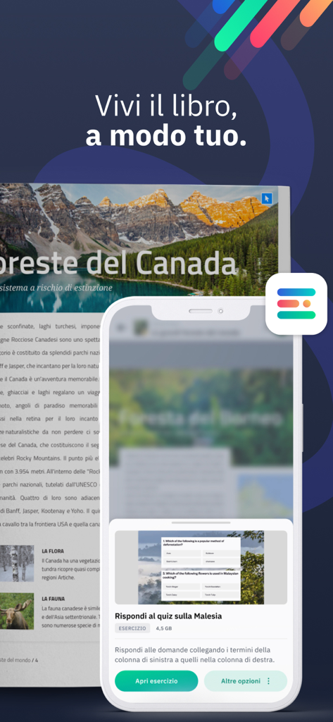 bSmart Books 모바일 앱의 인터랙티브 디지털 교과서 및 퀴즈 인터페이스.