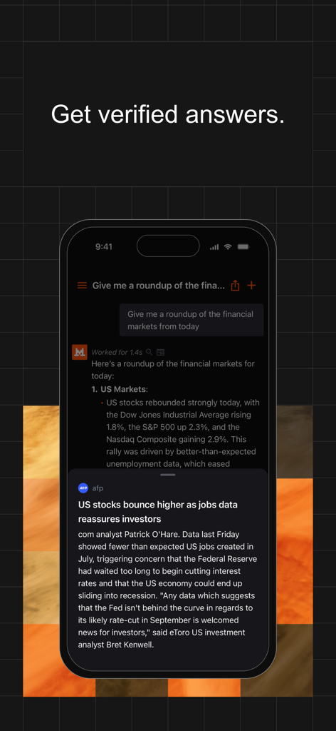 Le Chat by Mistral AI - Le Chat by Mistral AI mobile interface showing verified financial news reports from journalistic sources on an iPhone
