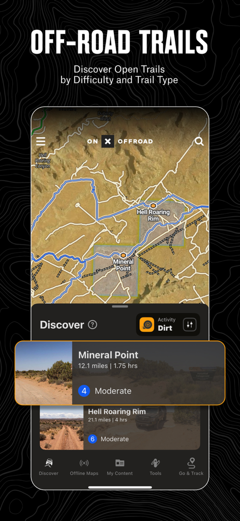 onX Offroad app screenshot showing satellite trail maps with difficulty ratings and trail details like Mineral Point and Hell Roaring Rim.