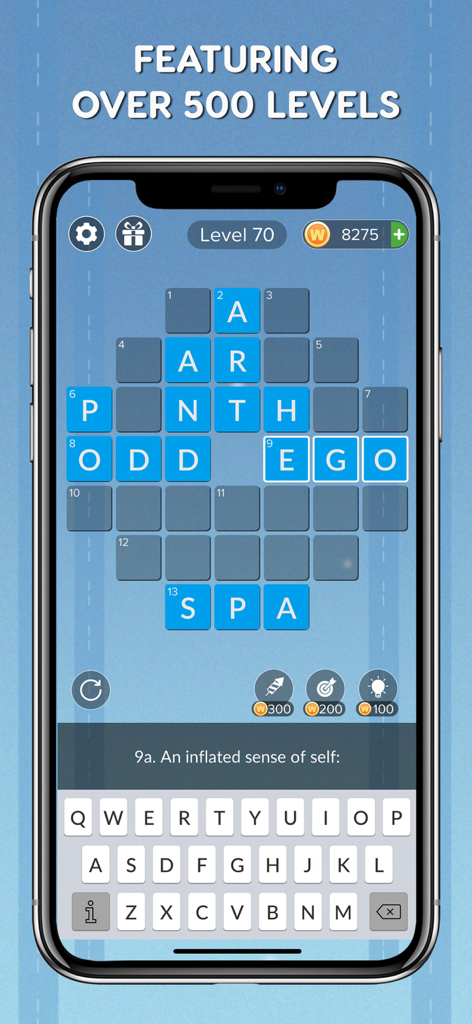 Mini Crossword Easy Daily - Screenshot of Mini Crossword Easy Daily game on an iPhone showing a crossword puzzle with the clue an inflated sense of self and over 500 levels available.