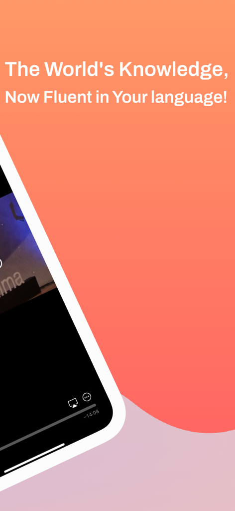 FyDub - YT Video Translator - Um gráfico promocional para o aplicativo FyDub com o texto O Conhecimento Mundial Agora Fluente em Seu Idioma e um smartphone mostrando uma interface de player de vídeo.