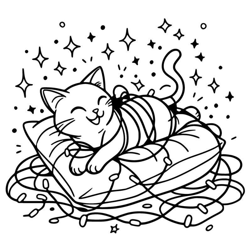 a cat happily tangled in glowing lights, lounging on a big cushion, clean lines, simple design, uncomplicated, tatoo desing