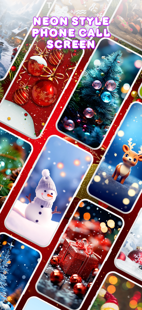 Eine Sammlung festlicher Anrufbildschirme zum Thema Weihnachten mit einem Schneemann, einem Rentier und Urlaubsschmuck