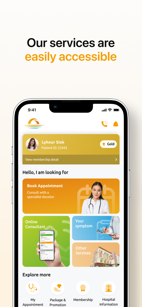 Tela inicial do aplicativo Sunrise Healthcare Service mostrando agendamento de consultas e informações de associação de paciente