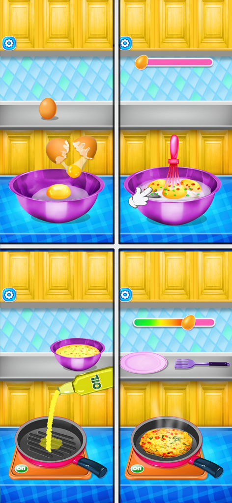 Una guía visual de cuatro pasos que muestra cómo romper huevos, batir ingredientes y freír una tortilla en la cocina virtual.