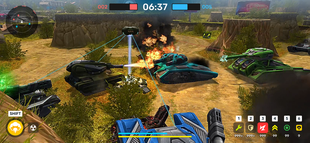 Jogabilidade de ação de Tanki Online mostrando tanques coloridos e um drone de suporte durante uma partida PvP