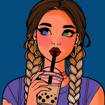 realistic girl with braided hair drinking boba