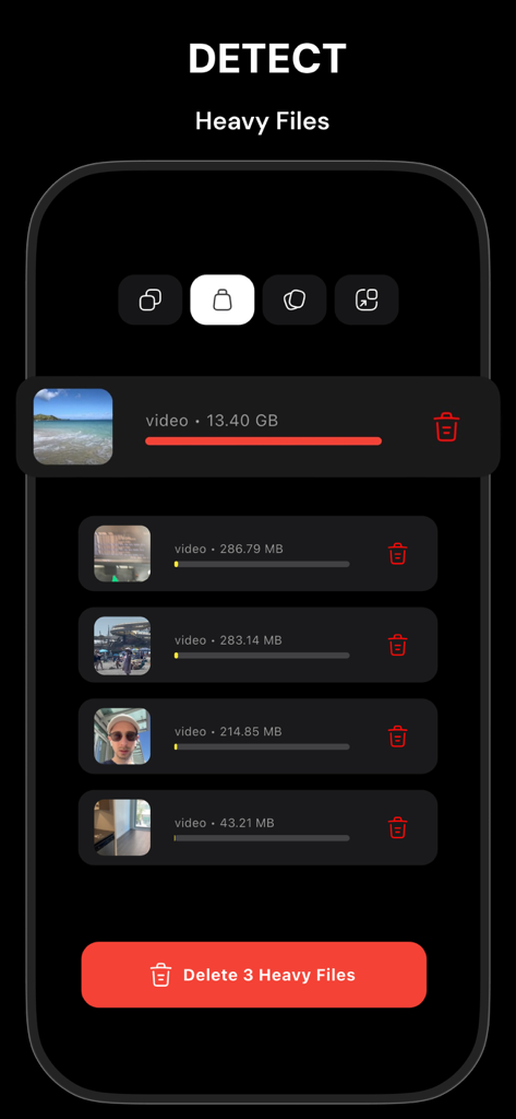 Photokit: Photo Gallery - Photokit app screen showing a list of large video files with a button to delete them to free up device storage