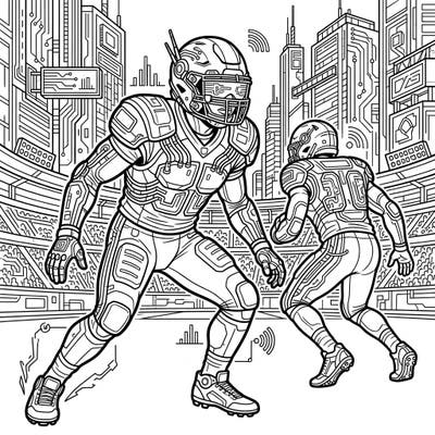 Unleash your creativity with this electrifying coloring page featuring two dynamic cyberpunk safeties ready for action. Immerse yourself in a high-tech football world, perfect for fans of sports and sci-fi aesthetics.