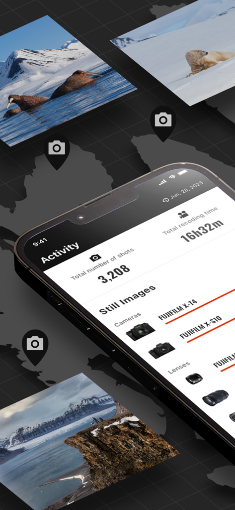 Schermata del telefono che visualizza le statistiche di attività di scatto e l'attrezzatura fotografica utilizzata da FUJIFILM XApp.