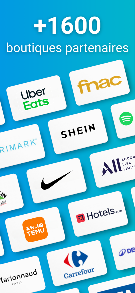 Poulpeo Cashback & Code promo - Uma exibição de mais de 1600 logótipos de lojas parceiras, incluindo Uber Eats, Shein, Nike e Temu, num fundo azul