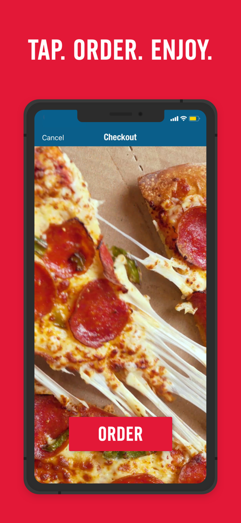 Dominos Canada app interface showing a pepperoni pizza with melted cheese and an order button