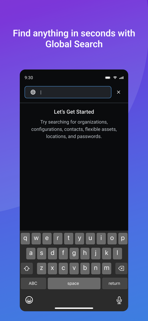 Smartphone screen showing IT Glue Global Search feature for finding organizations and passwords