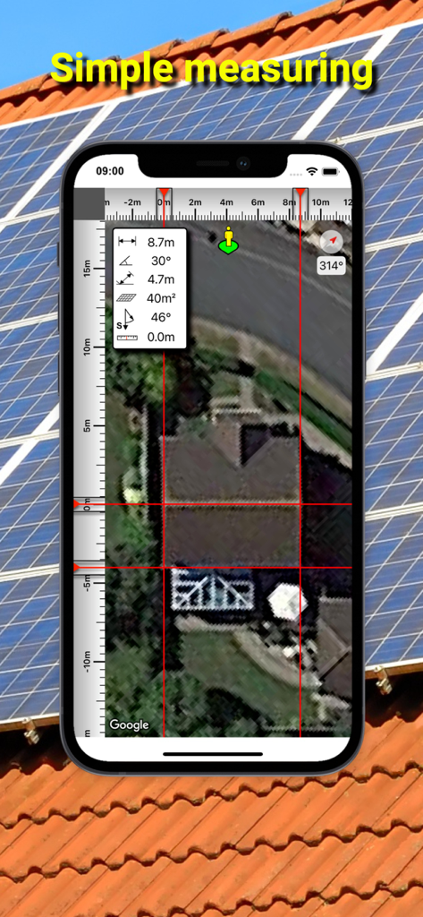 RoofSnoop - Smartphone showing RoofSnoop app measuring a house roof from satellite imagery for solar installation