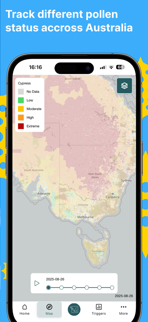 Melbourne Pollen Count - A map of Australia displaying Cypress pollen levels from low to extreme within the Melbourne Pollen app