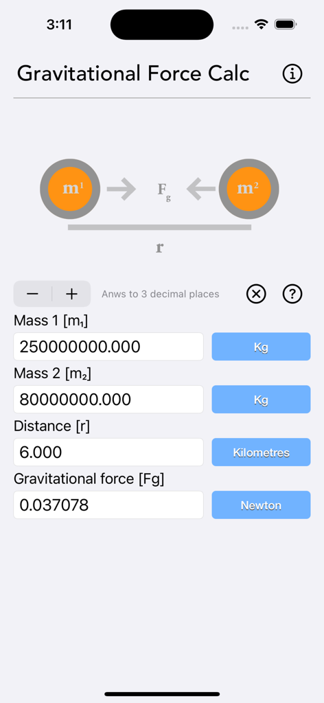 Gravitational Force Calculator - Interface of the Gravitational Force Calculator app showing calculation fields for mass distance and gravitational force