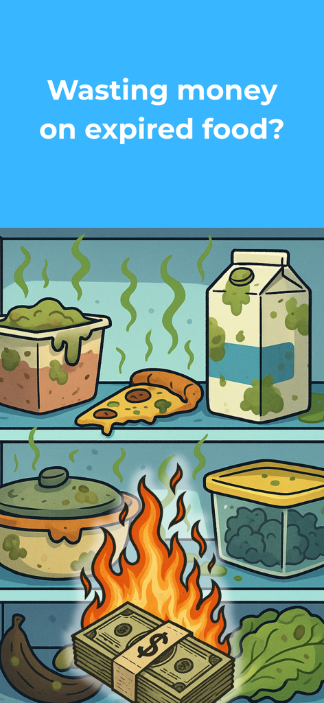 Cartoon illustration of spoiled food in a refrigerator with a stack of dollar bills on fire representing financial loss.