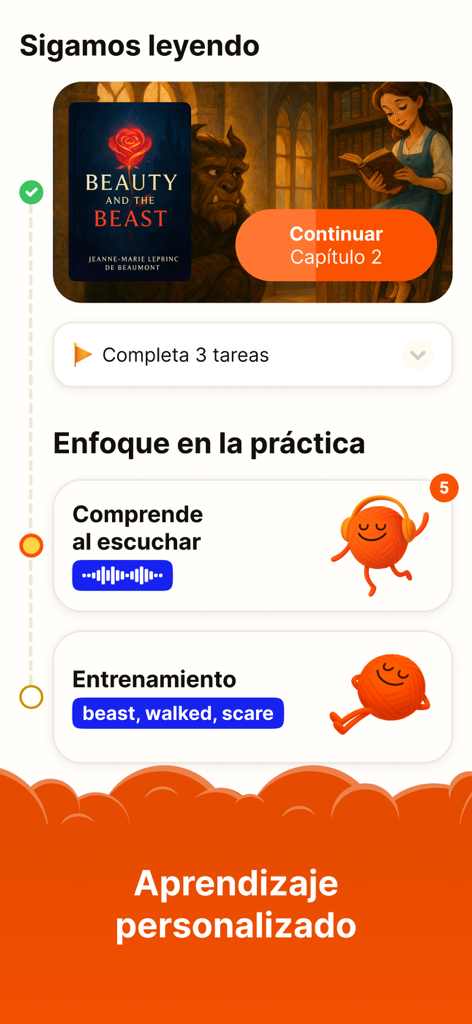 Clew: aprende inglés leyendo - Clew app interface showing an English learning path with reading and listening exercises