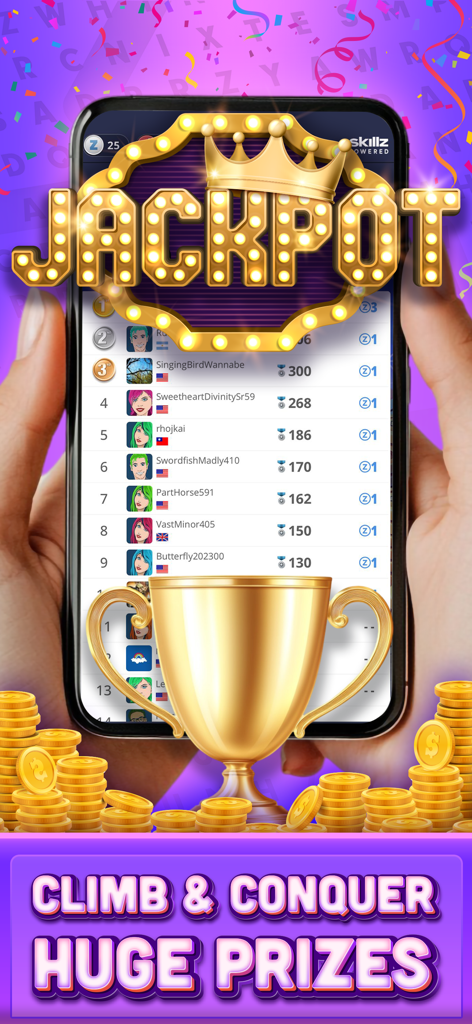 Clasificación y trofeo de oro mostrando premios en efectivo en Real Money Word Search Skillz