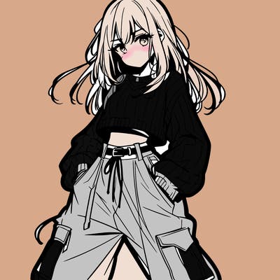anime teen girl with baggy pants and crop top with sweater