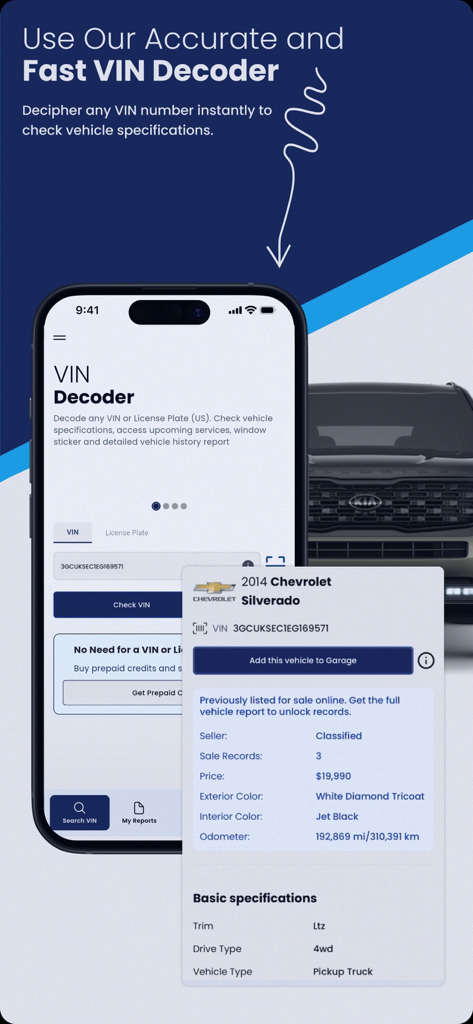 Tela de aplicativo móvel mostrando um relatório detalhado de decodificação de VIN para um Chevrolet Silverado 2014, incluindo preço e especificações