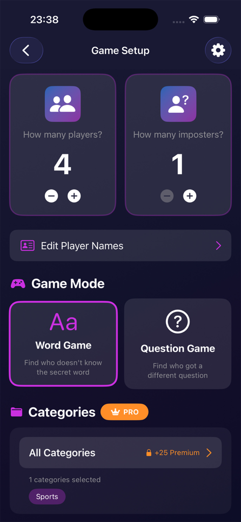 Pantalla de la aplicación móvil para configurar una partida de Imposter Party con recuento de jugadores y modos de juego.